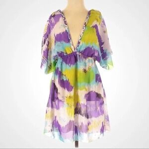 Miken Women Purple Green Abstract Print V-Neck Swim Cover Up Dress Small